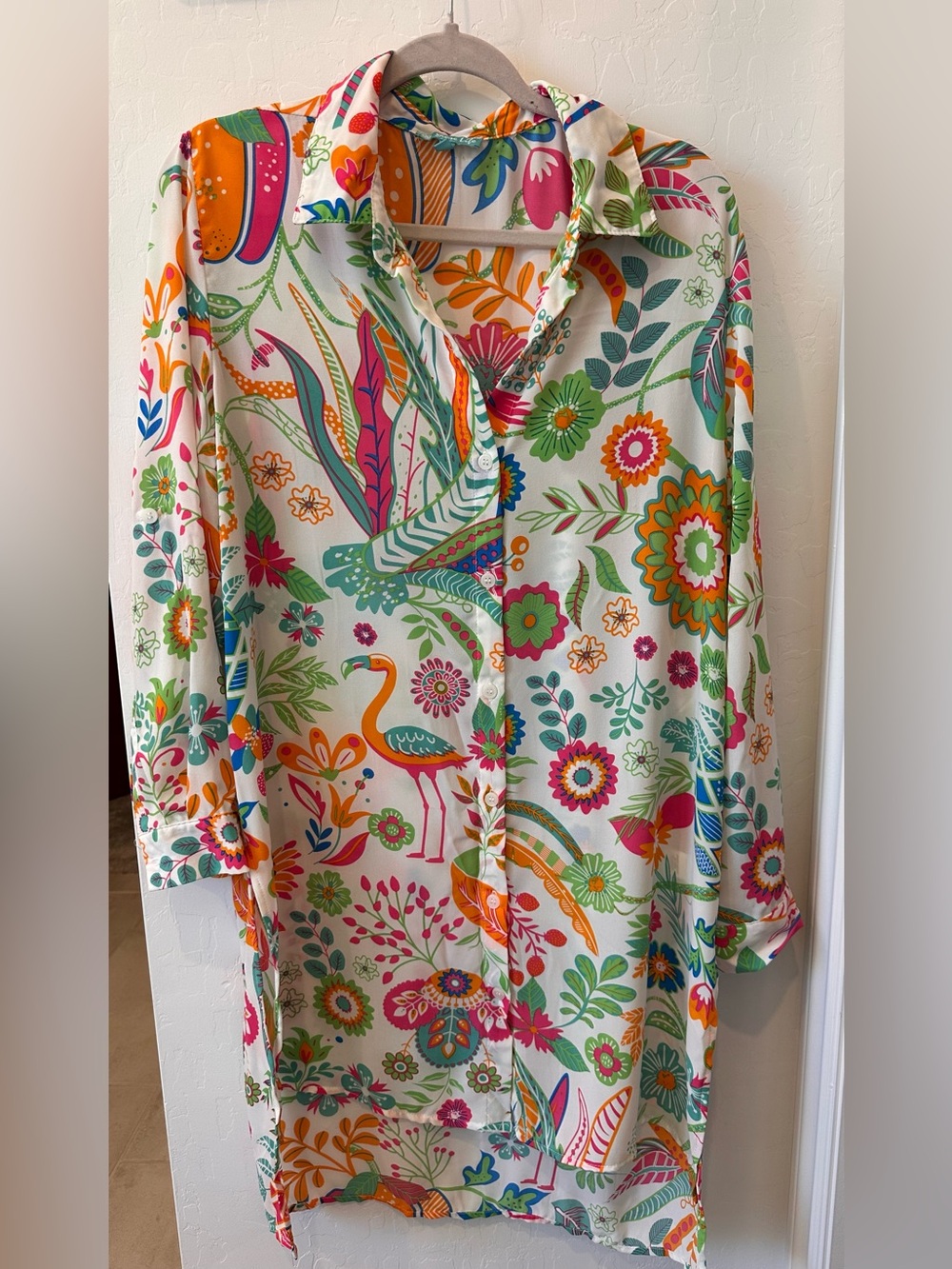 Floral and tropical print button-up beach dress